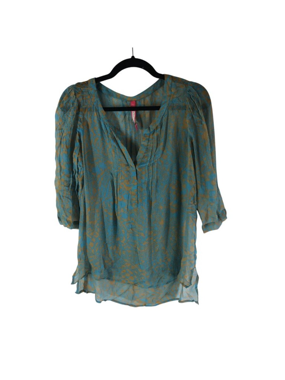 Plenty By Tracy Reese Womens Blouse Floral Print Blue/Beige Pleated Sheer S